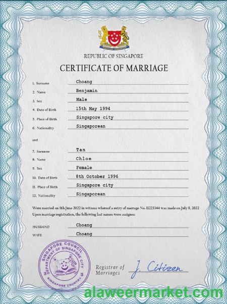 Singapore marriage certificate PSD template